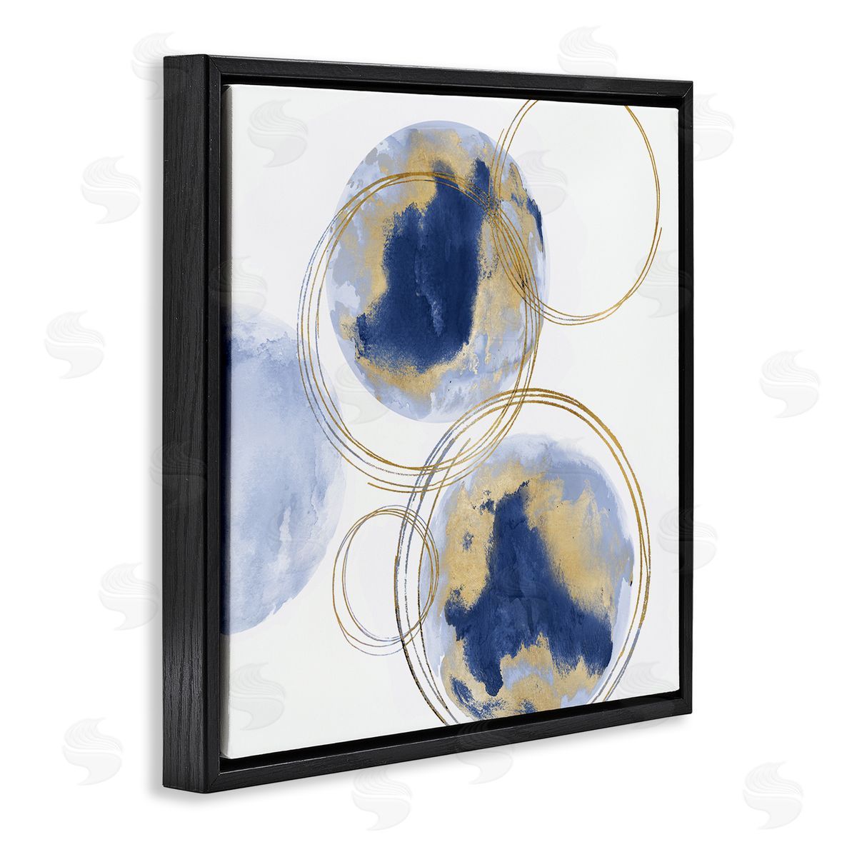 Golden Rings and Circles Abstraction Black Floating Frame Canvas Wall Art, Home Decor by Natalie Harris