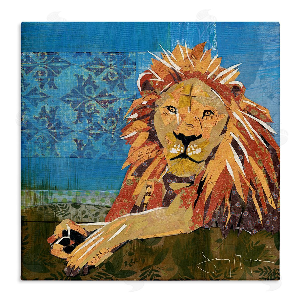 Jenny McGee Safari Lion Abstract Shape Collage Blue Orange Stretched Canvas Wall Art Print