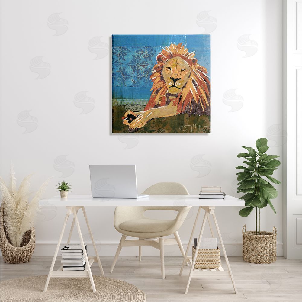 Jenny McGee Safari Lion Abstract Shape Collage Blue Orange Canvas Wall Art in Room