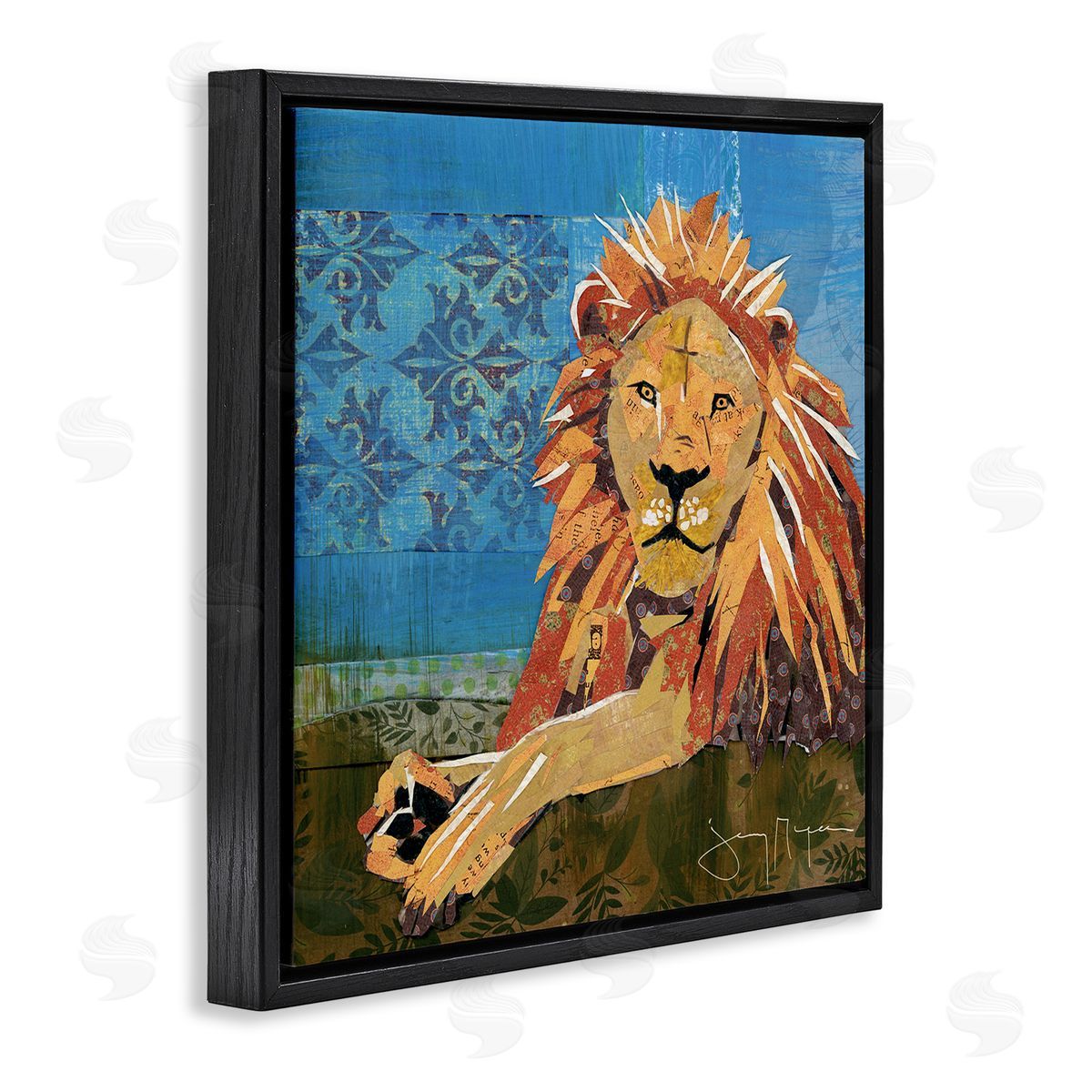 Jenny McGee Safari Lion Abstract Shape Collage Blue Orange Black Floating Frame Canvas Wall Art Print