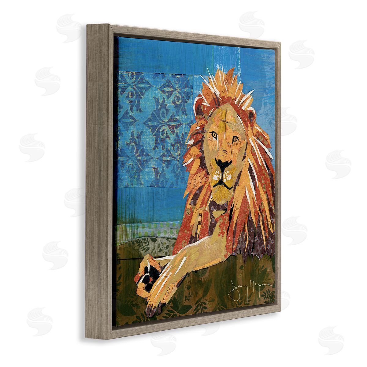 Jenny McGee Safari Lion Abstract Shape Collage Blue Orange Brown Floating Frame Canvas Wall Art Print
