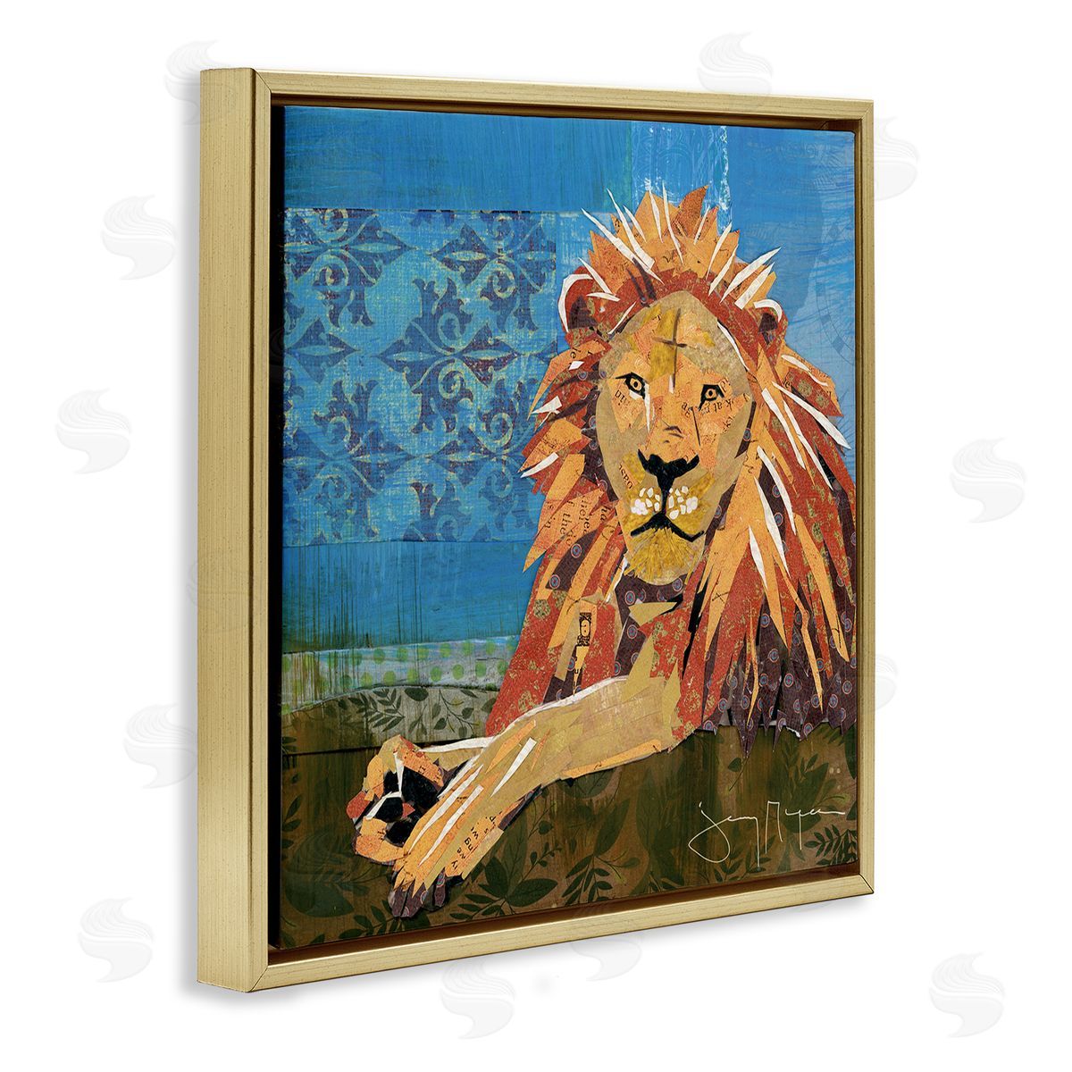 Jenny McGee Safari Lion Abstract Shape Collage Blue Orange Gold Floating Frame Canvas Wall Art Print