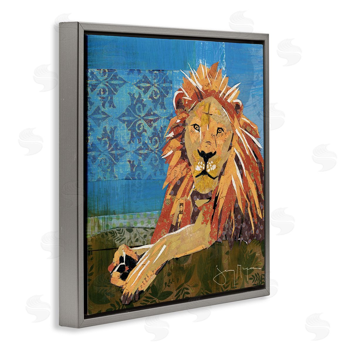 Jenny McGee Safari Lion Abstract Shape Collage Blue Orange Gray Floating Frame Canvas Wall Art Print