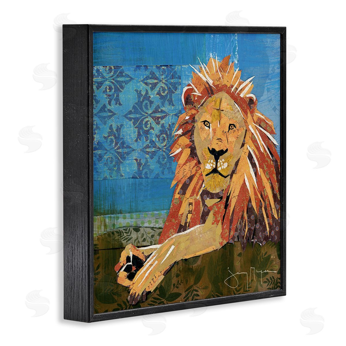Jenny McGee Safari Lion Abstract Shape Collage Blue Orange Black Framed Glicee Wall Art Print