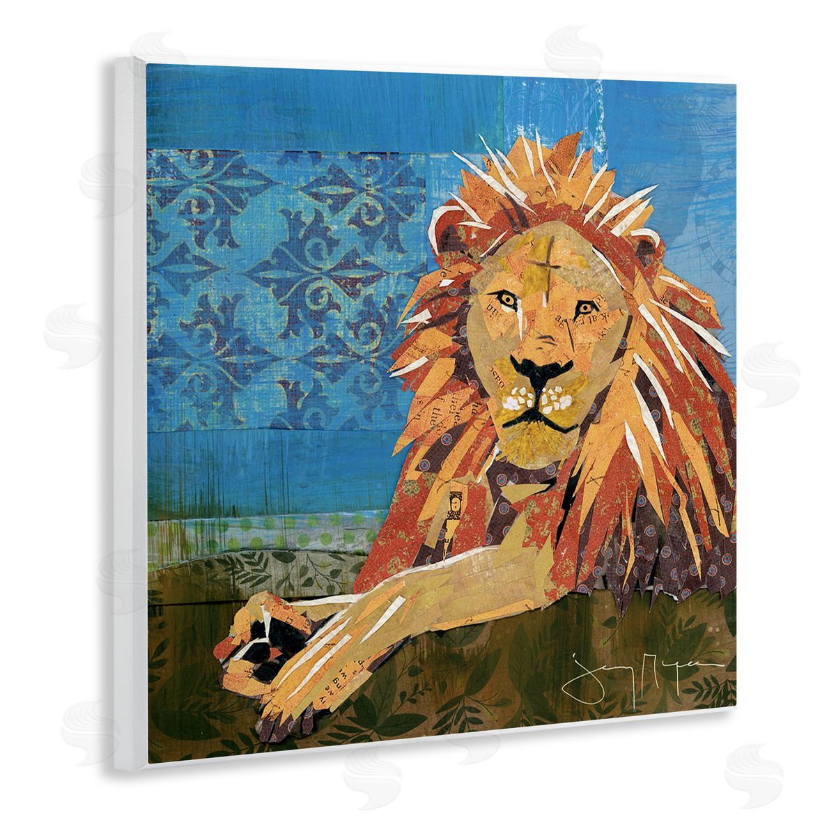 Jenny McGee Safari Lion Abstract Shape Collage Blue Orange Wooden Wall Plaque Art Print
