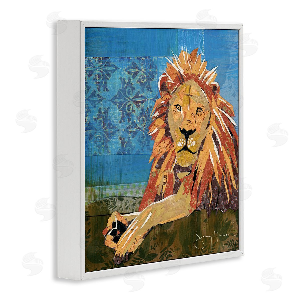 Jenny McGee Safari Lion Abstract Shape Collage Blue Orange White Framed Glicee Wall Art Print