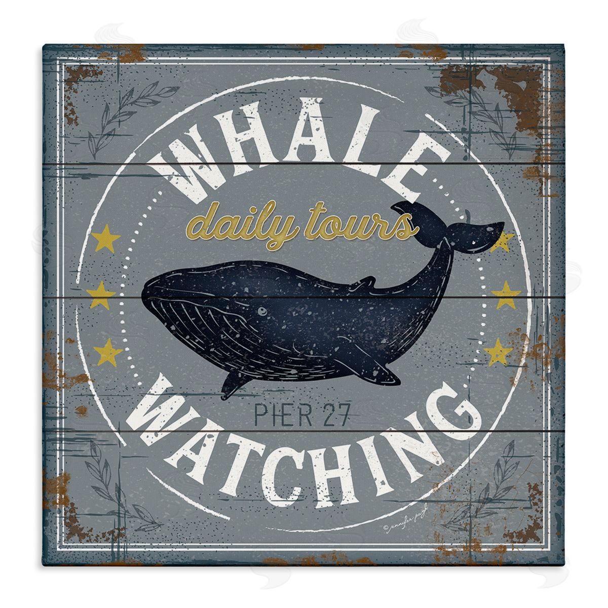 Jennifer Pugh Whale Watching Tours Sign Rustic Blue Marine Life Stretched Canvas Wall Art Print