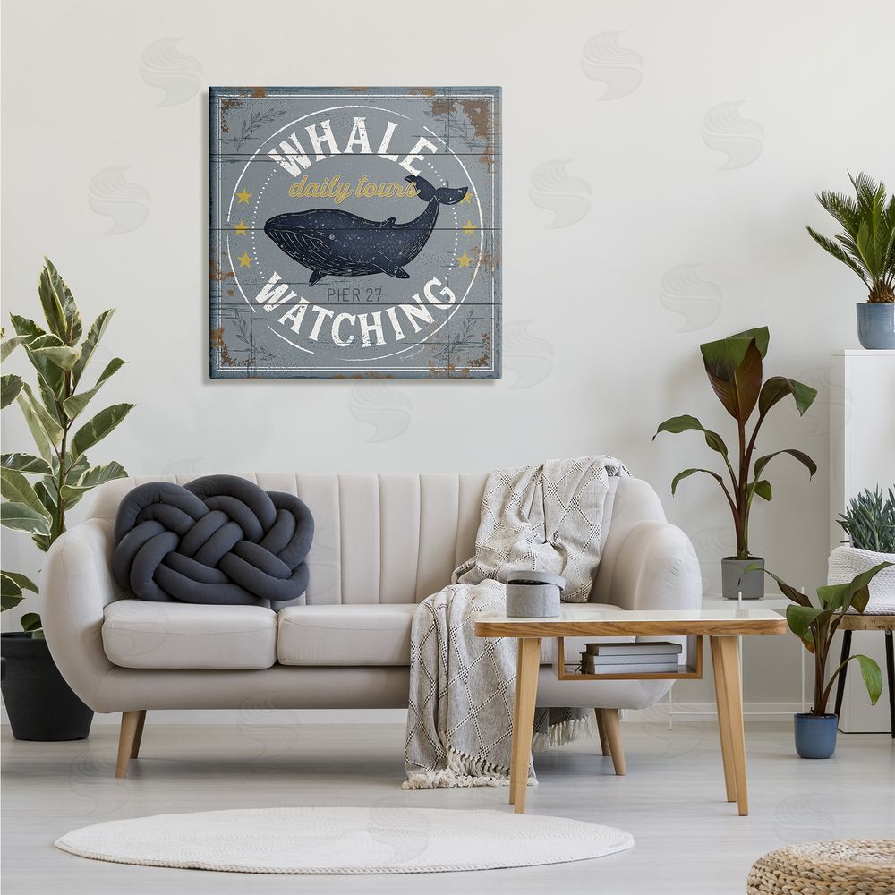 Jennifer Pugh Whale Watching Tours Sign Rustic Blue Marine Life Canvas Wall Art in Room