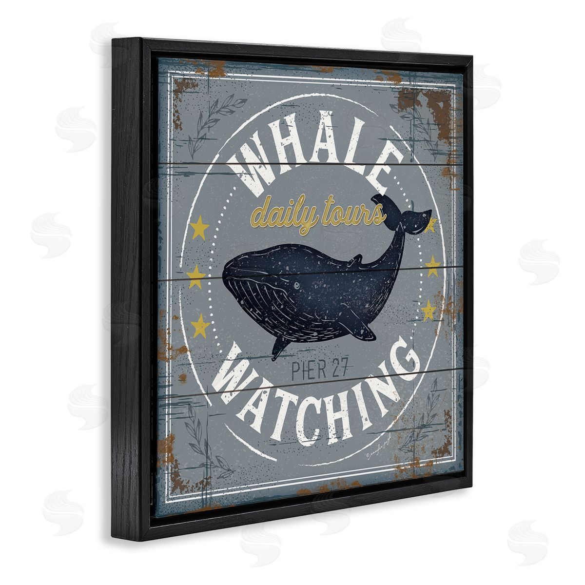 Jennifer Pugh Whale Watching Tours Sign Rustic Blue Marine Life Black Floating Frame Canvas Wall Art Print