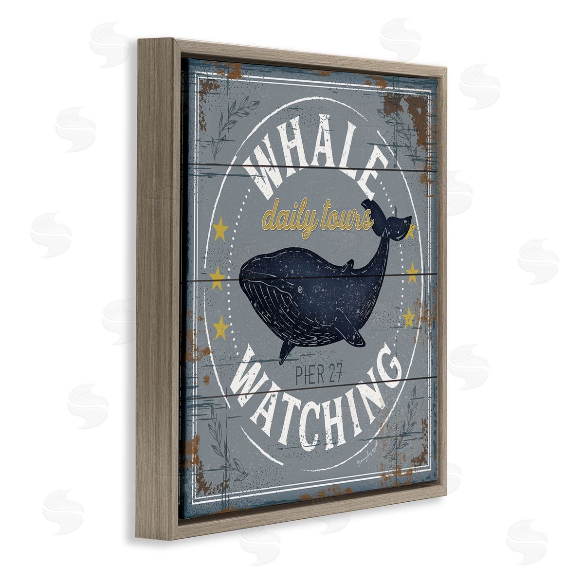 Jennifer Pugh Whale Watching Tours Sign Rustic Blue Marine Life Brown Floating Frame Canvas Wall Art Print