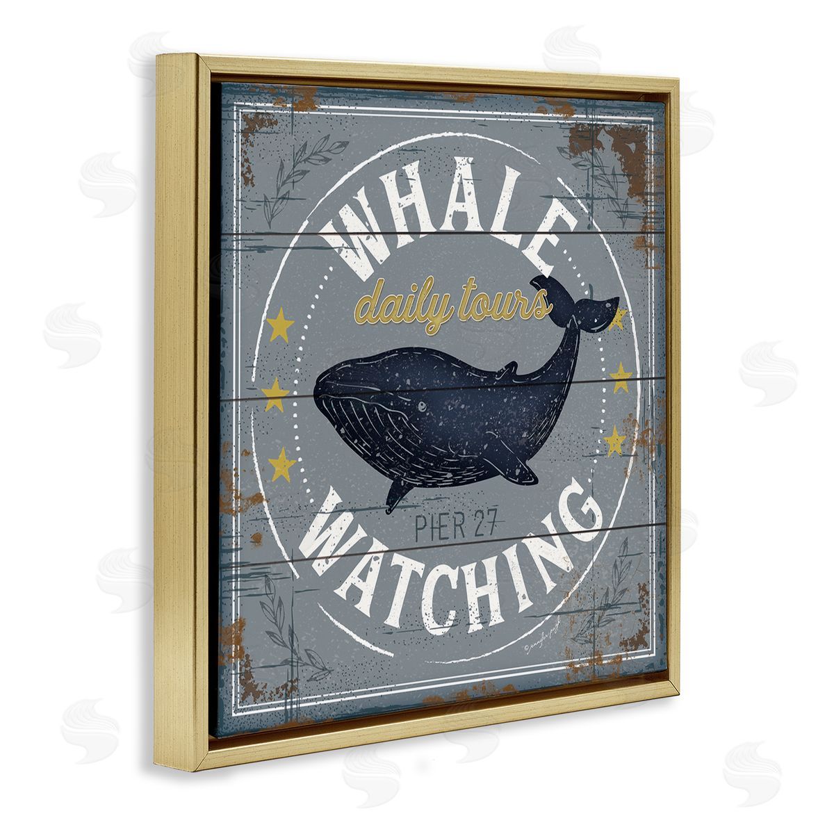 Jennifer Pugh Whale Watching Tours Sign Rustic Blue Marine Life Gold Floating Frame Canvas Wall Art Print