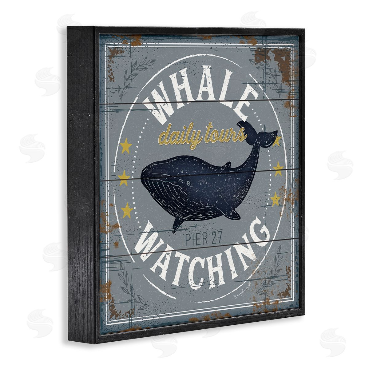 Jennifer Pugh Whale Watching Tours Sign Rustic Blue Marine Life Black Framed Glicee Wall Art Print