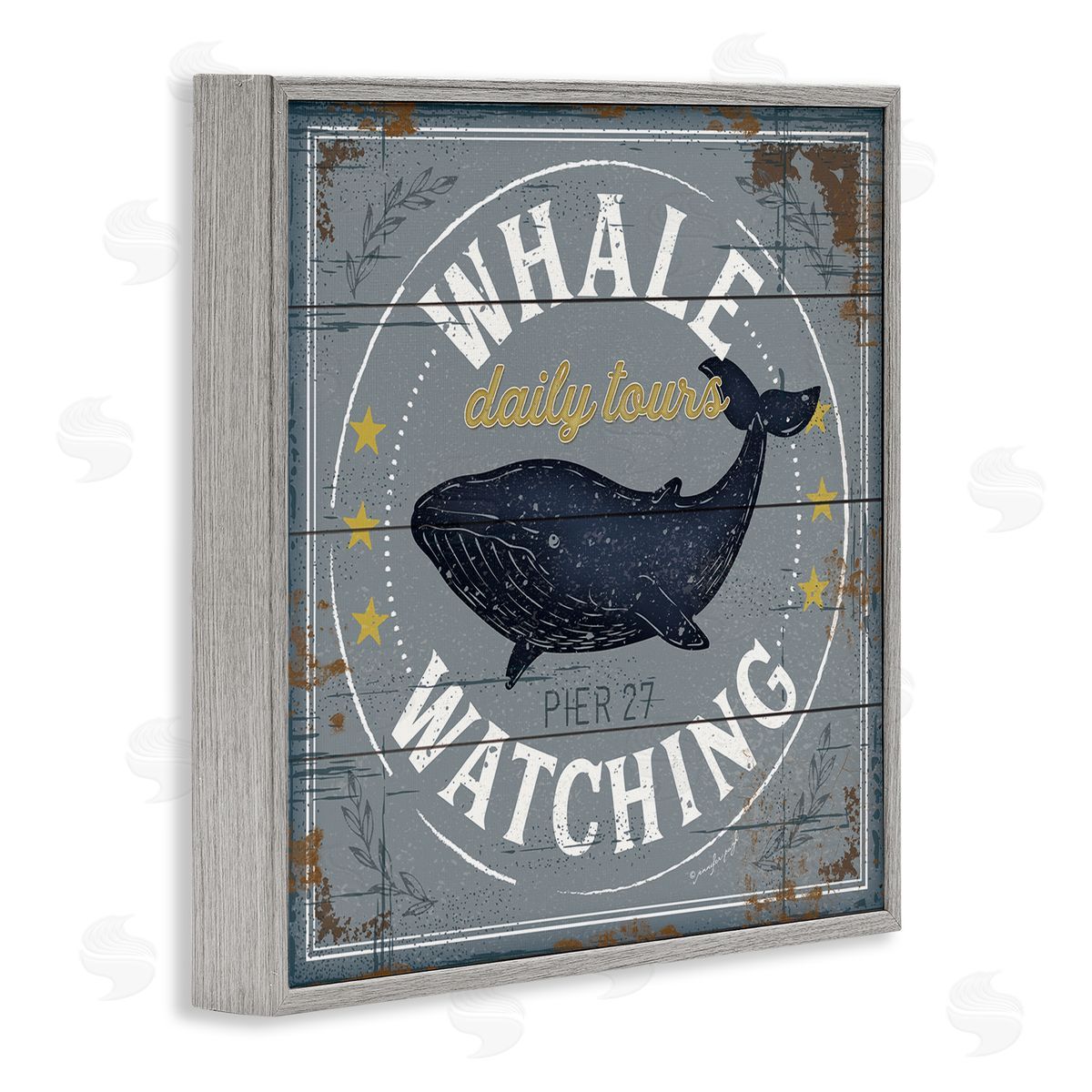 Jennifer Pugh Whale Watching Tours Sign Rustic Blue Marine Life Gray Framed Glicee Wall Art Print