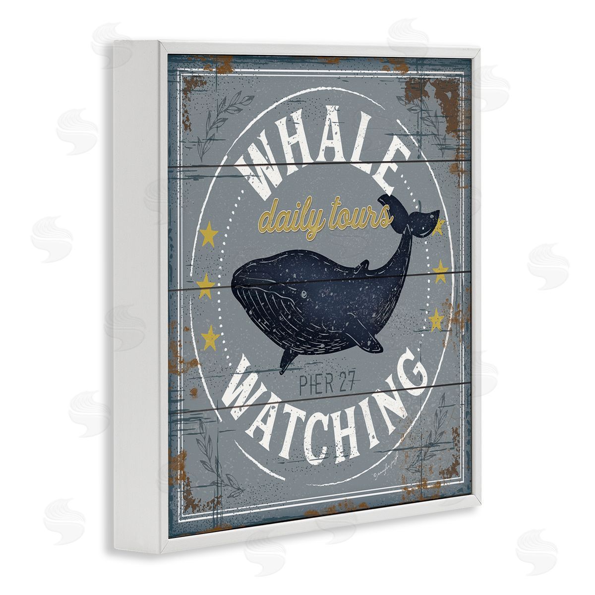 Jennifer Pugh Whale Watching Tours Sign Rustic Blue Marine Life White Framed Glicee Wall Art Print