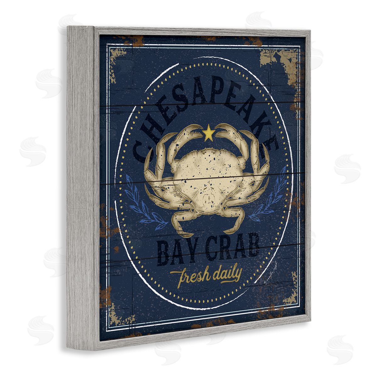 Vintage Chesapeake Bay Crab Grey Frame Print Wall Art, Home Decor by Jennifer Pugh