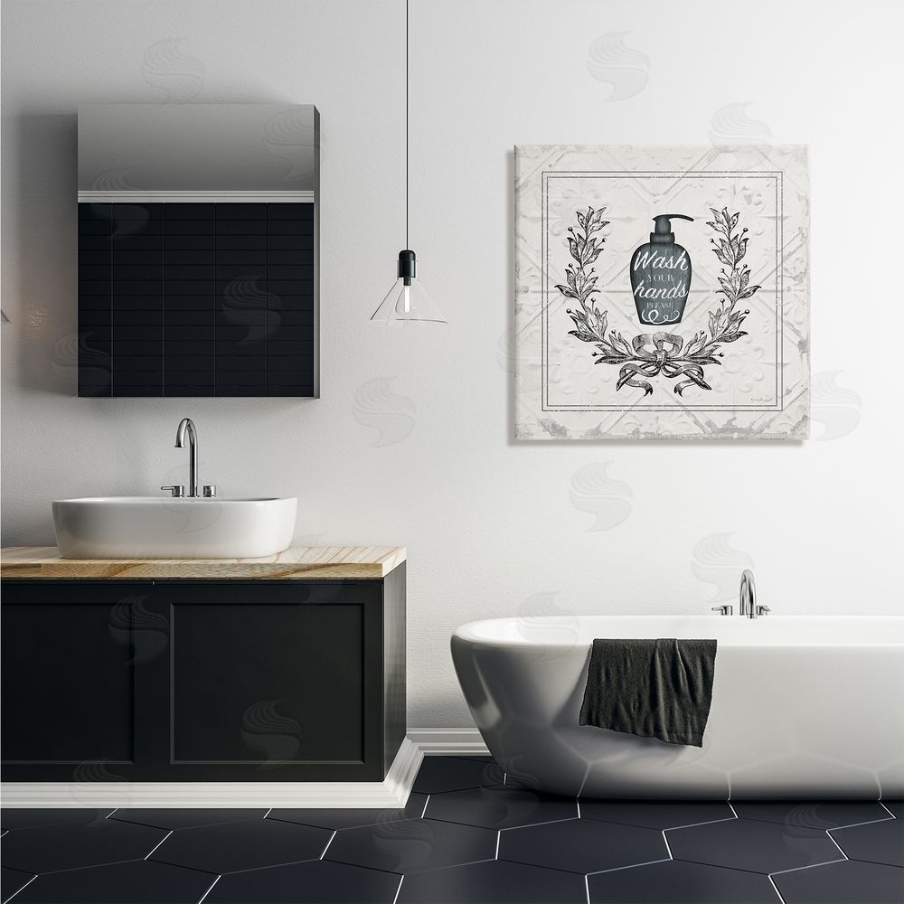 Jennifer Pugh Wash Your Hands Please Phrase Parisian Soap Bathroom Canvas Wall Art in Room