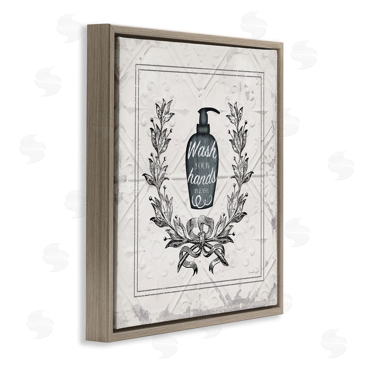 Jennifer Pugh Wash Your Hands Please Phrase Parisian Soap Bathroom Brown Floating Frame Canvas Wall Art Print