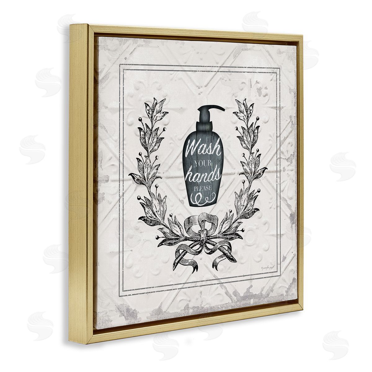 Jennifer Pugh Wash Your Hands Please Phrase Parisian Soap Bathroom Gold Floating Frame Canvas Wall Art Print