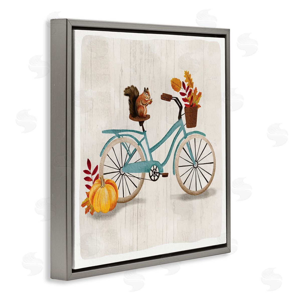 Squirrel on Autumnal Bicycle Grey Floating Frame Canvas Wall Art, Home Decor by Jackie Quigley