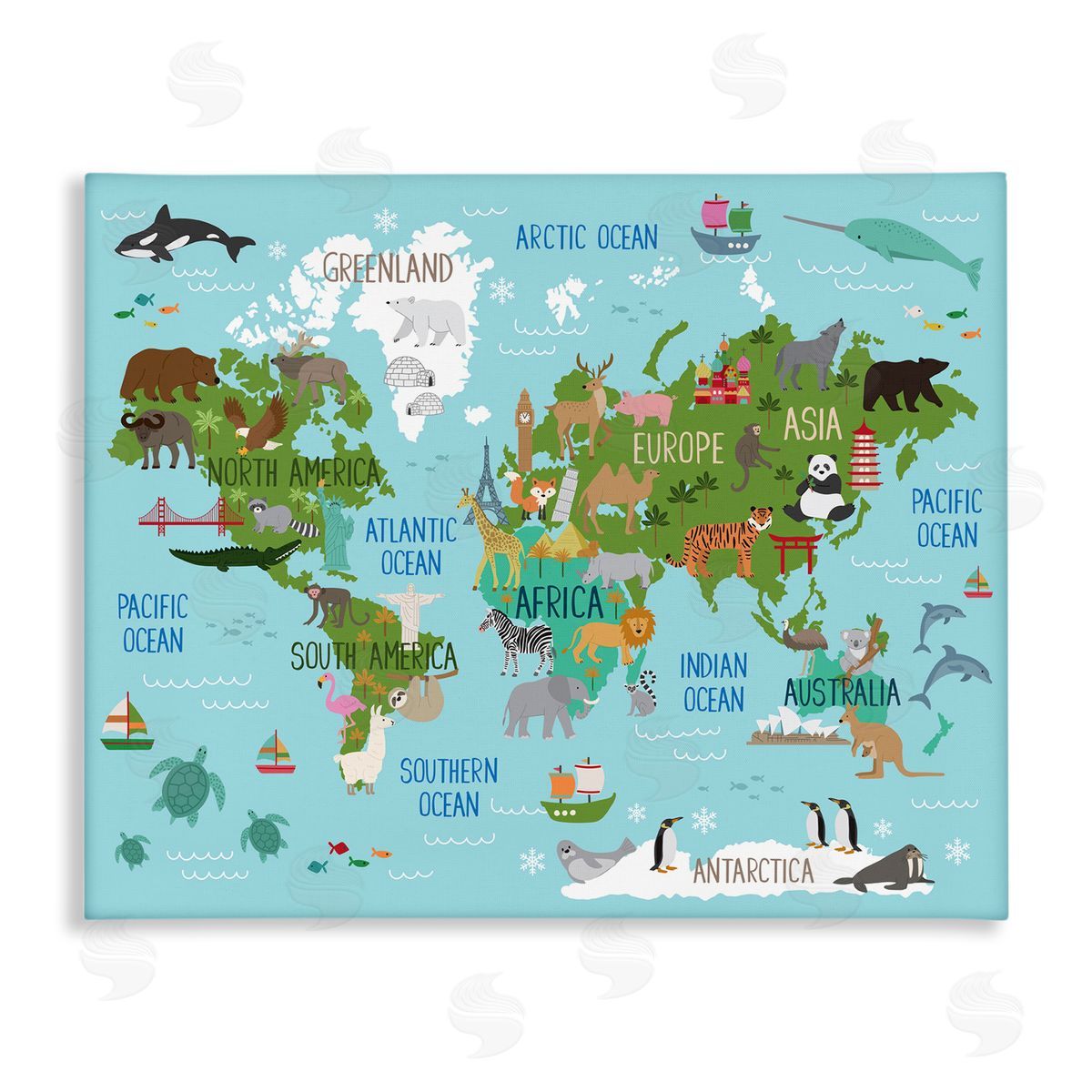 Kid's Favorite Animals World Map Canvas Wall Art, Home Decor by Lisa Whitebutton