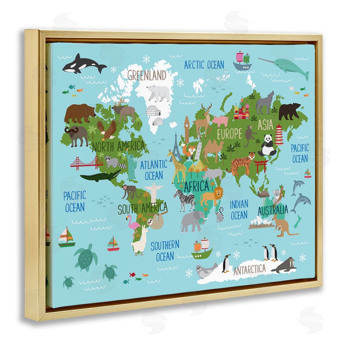 Kid's Favorite Animals World Map Gold Floating Frame Canvas Wall Art, Home Decor by Lisa Whitebutton