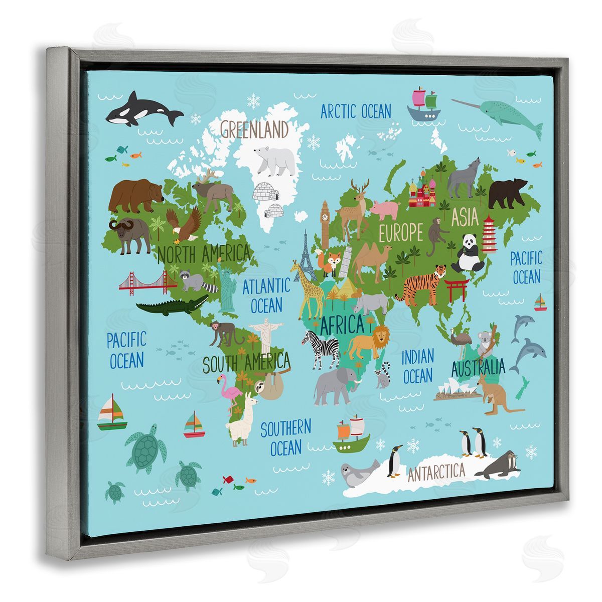 Kid's Favorite Animals World Map Grey Floating Frame Canvas Wall Art, Home Decor by Lisa Whitebutton
