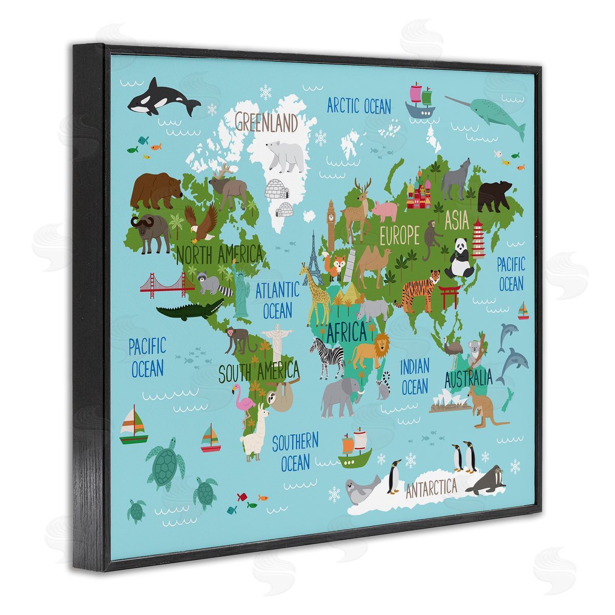Kid's Favorite Animals World Map Black Frame Print Wall Art, Home Decor by Lisa Whitebutton