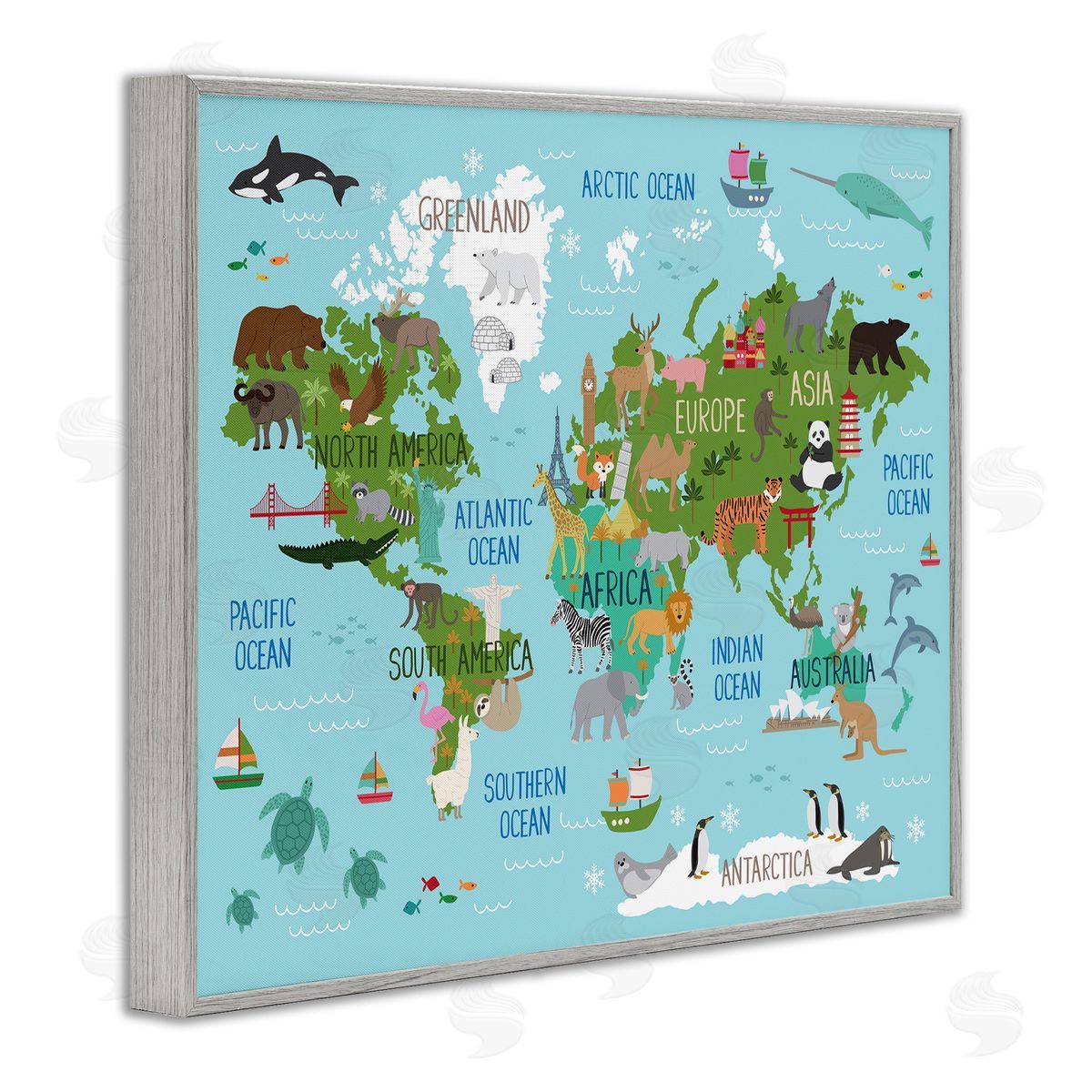 Kid's Favorite Animals World Map Grey Frame Print Wall Art, Home Decor by Lisa Whitebutton
