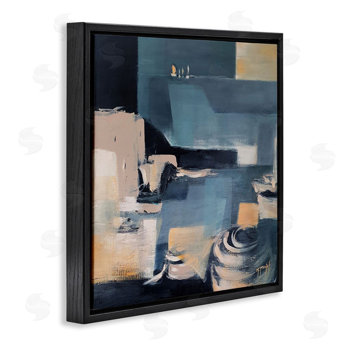 Fanou Montel Scattered Coastal Abstraction Fluid Wave Geometric Shapes Black Floating Frame Canvas Wall Art Print