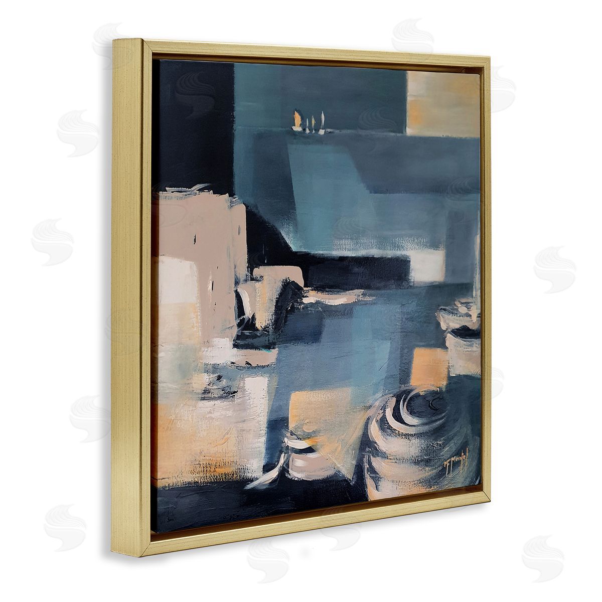 Fanou Montel Scattered Coastal Abstraction Fluid Wave Geometric Shapes Gold Floating Frame Canvas Wall Art Print
