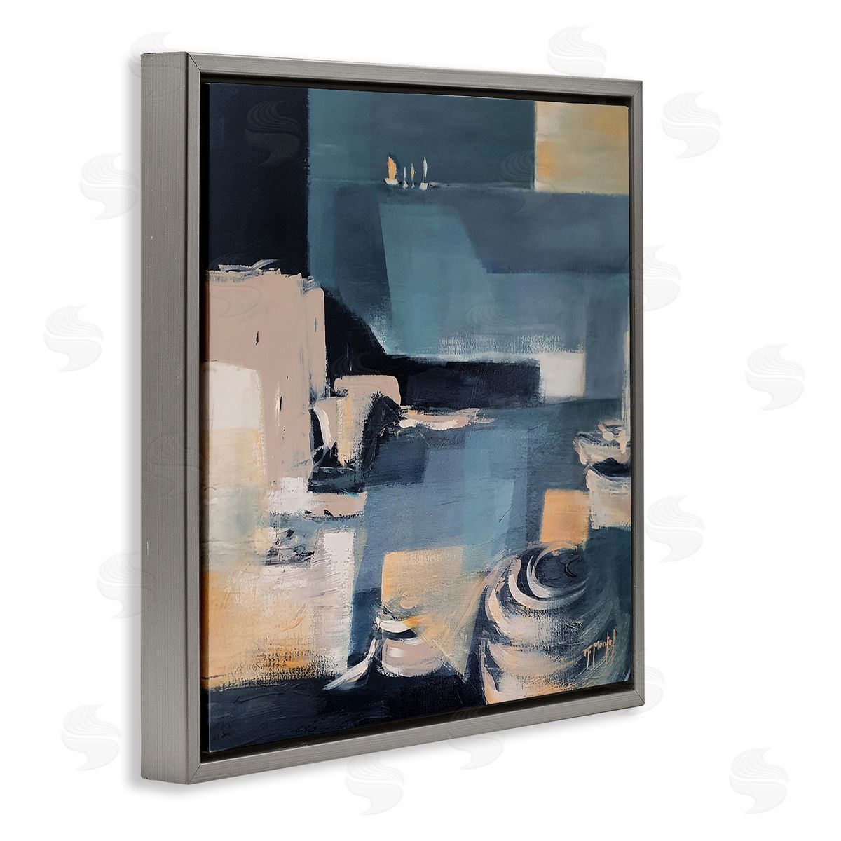 Fanou Montel Scattered Coastal Abstraction Fluid Wave Geometric Shapes Gray Floating Frame Canvas Wall Art Print