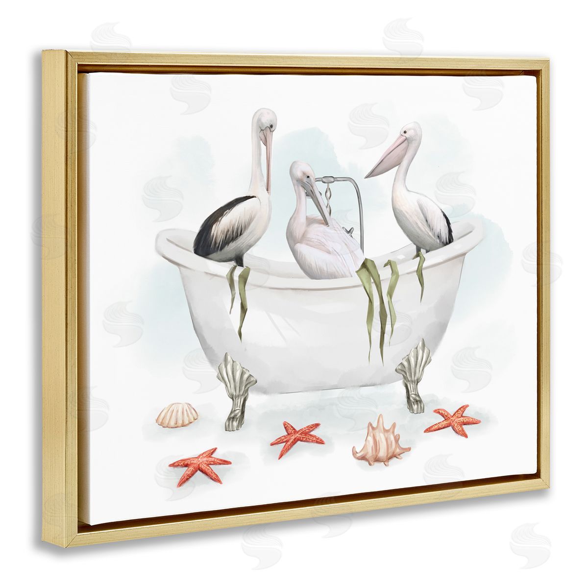 White Crane Trio Bath Gold Floating Frame Canvas Wall Art, Home Decor by Ziwei Li