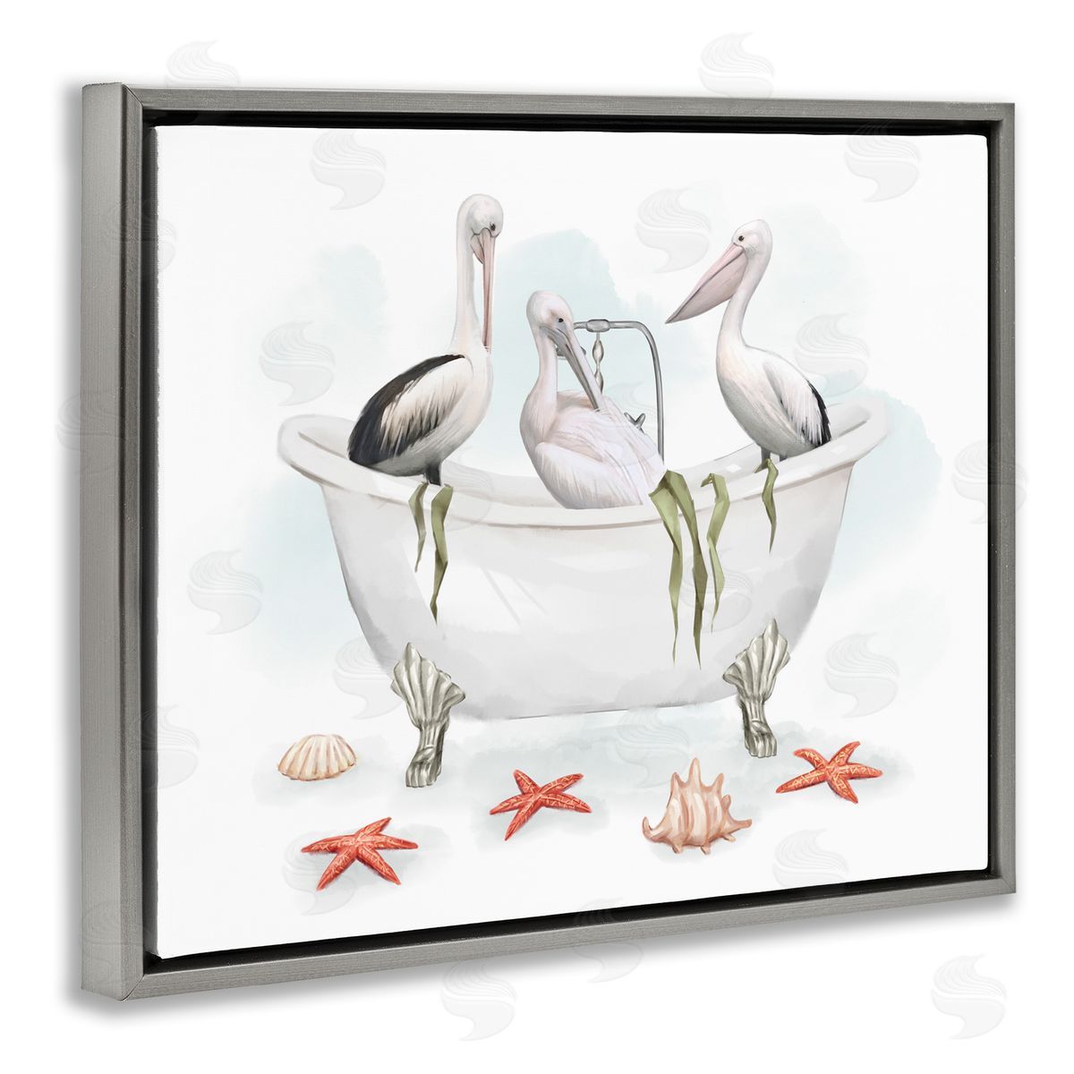 White Crane Trio Bath Grey Floating Frame Canvas Wall Art, Home Decor by Ziwei Li