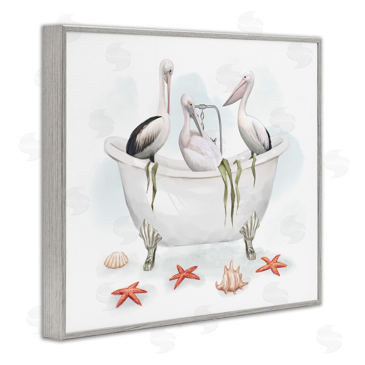 White Crane Trio Bath Grey Frame Print Wall Art, Home Decor by Ziwei Li
