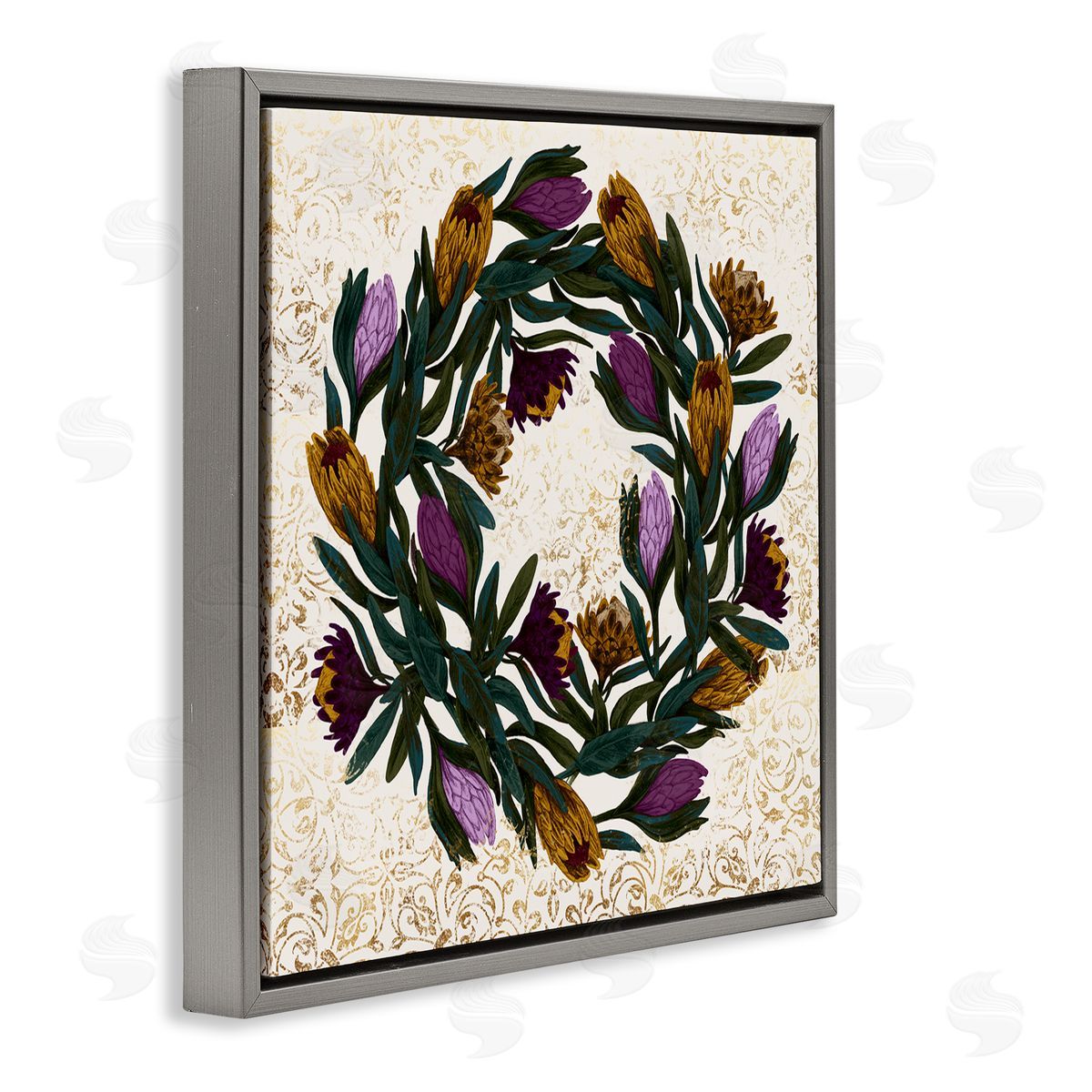 Stupell Studio Wild Thistle Floral Wreath on Regal Gold Pattern Gray Floating Frame Canvas Wall Art Print