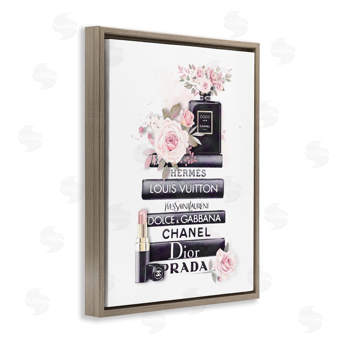 Pink Roses Glam Bookstack Brown Floating Frame Canvas Wall Art, Home Decor by Ros Ruseva