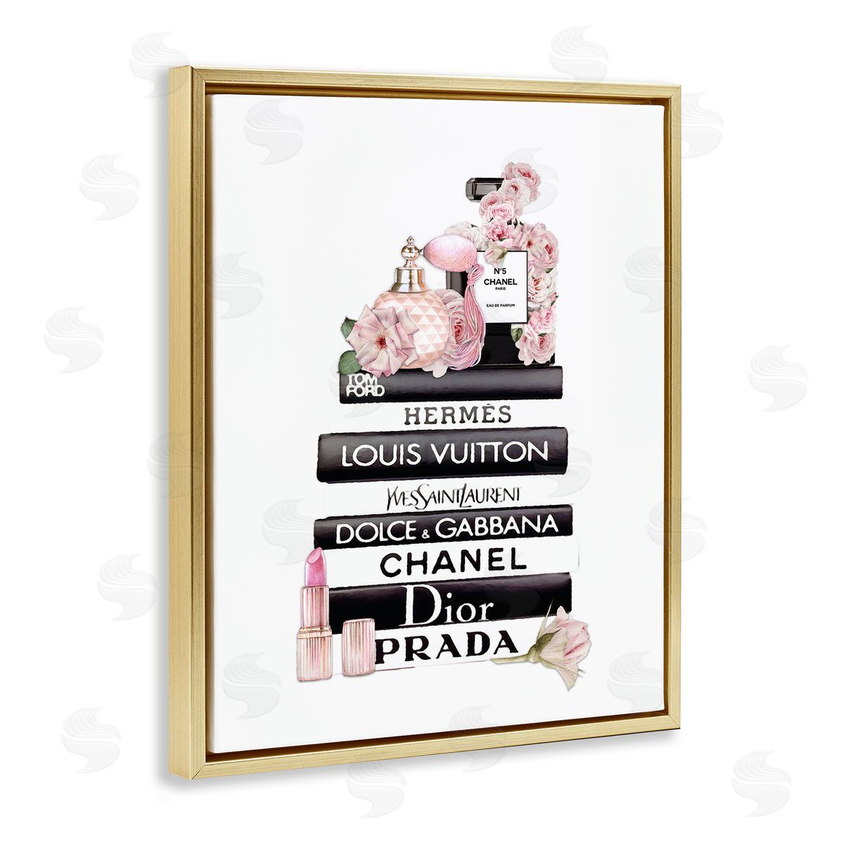 Chic Pink Cosmetic Fashion Books Gold Floating Frame Canvas Wall Art, Home Decor by Ros Ruseva