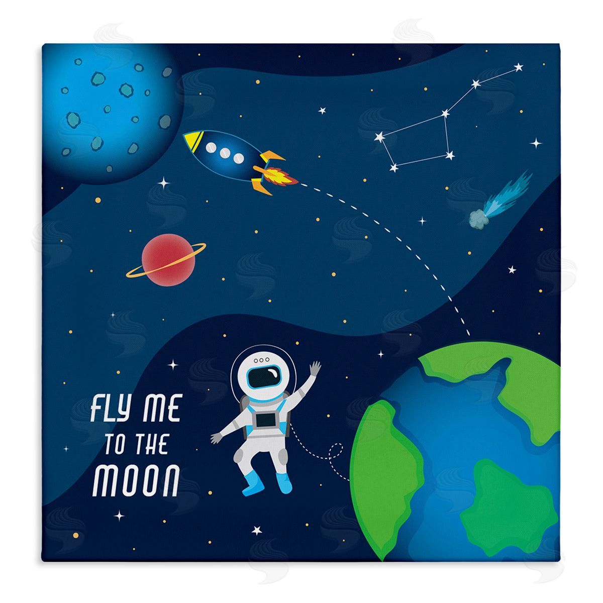 AE Design Fly Me To The Moon Silly Astronaut Outer Space Stretched Canvas Wall Art Print