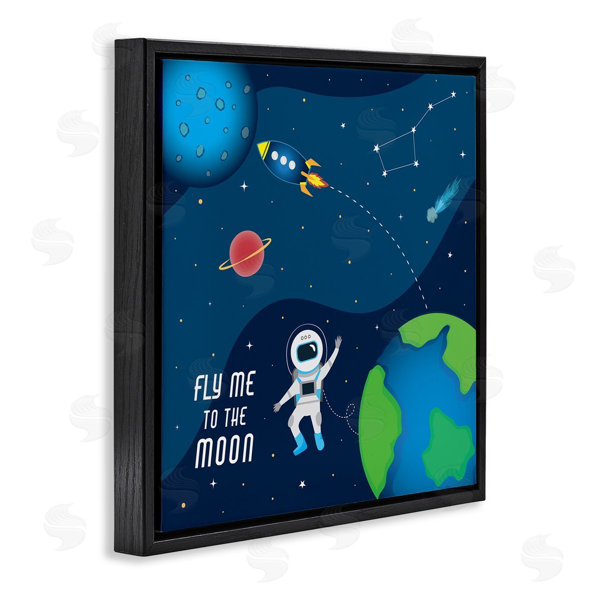 AE Design Fly Me To The Moon Silly Astronaut Outer Space Black Floating Frame Canvas Wall Art Print