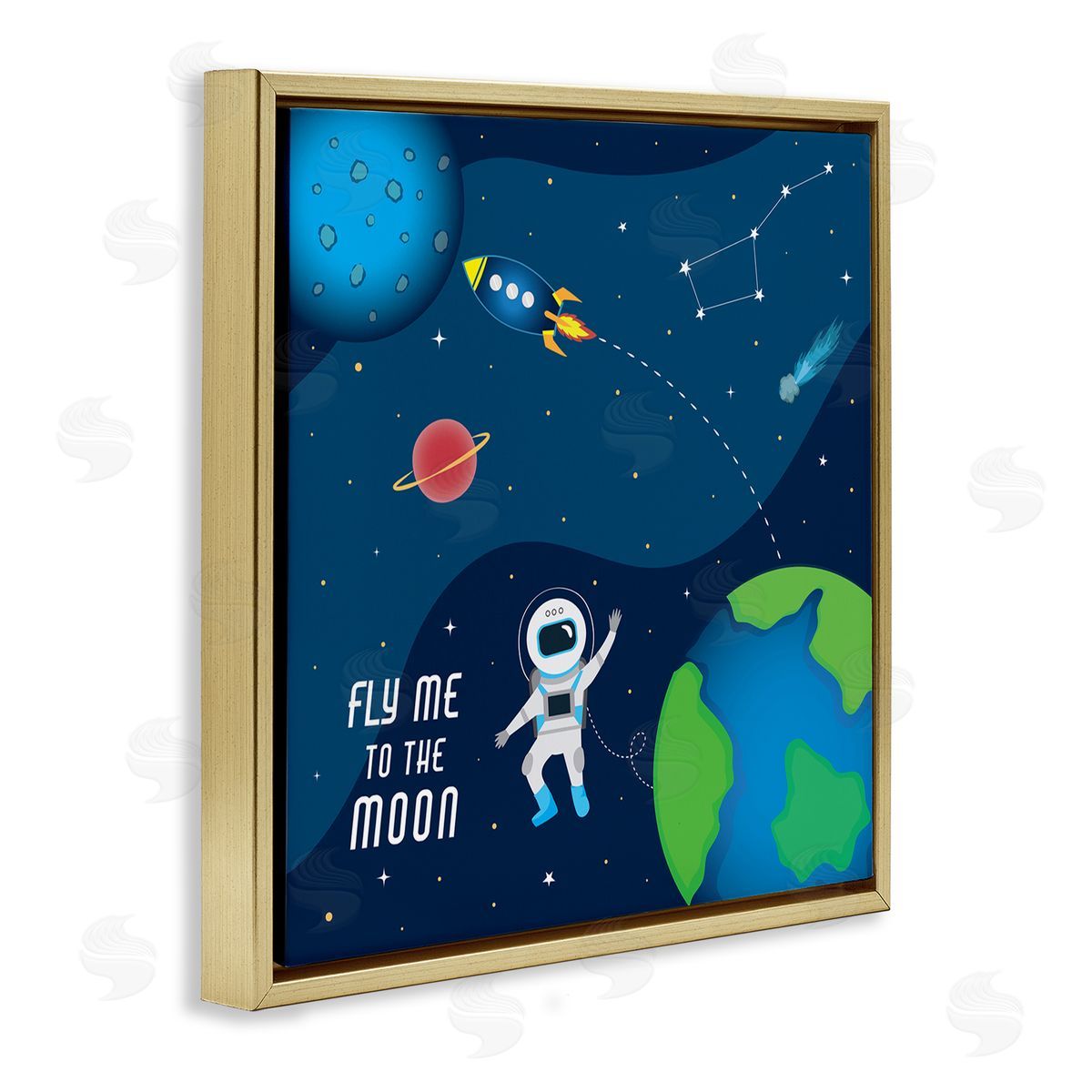 AE Design Fly Me To The Moon Silly Astronaut Outer Space Gold Floating Frame Canvas Wall Art Print