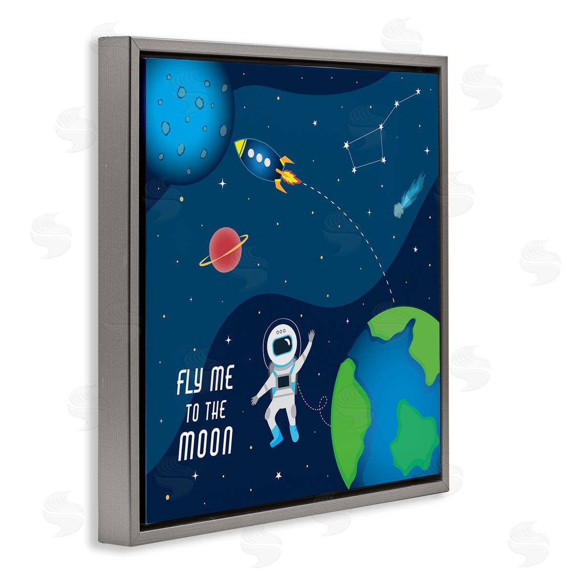 AE Design Fly Me To The Moon Silly Astronaut Outer Space Gray Floating Frame Canvas Wall Art Print