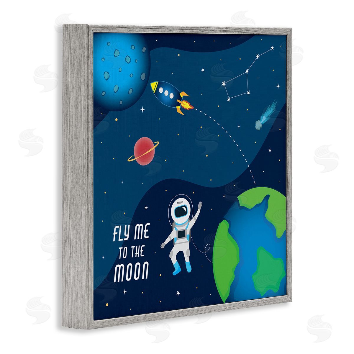 AE Design Fly Me To The Moon Silly Astronaut Outer Space Gray Framed Glicee Wall Art Print