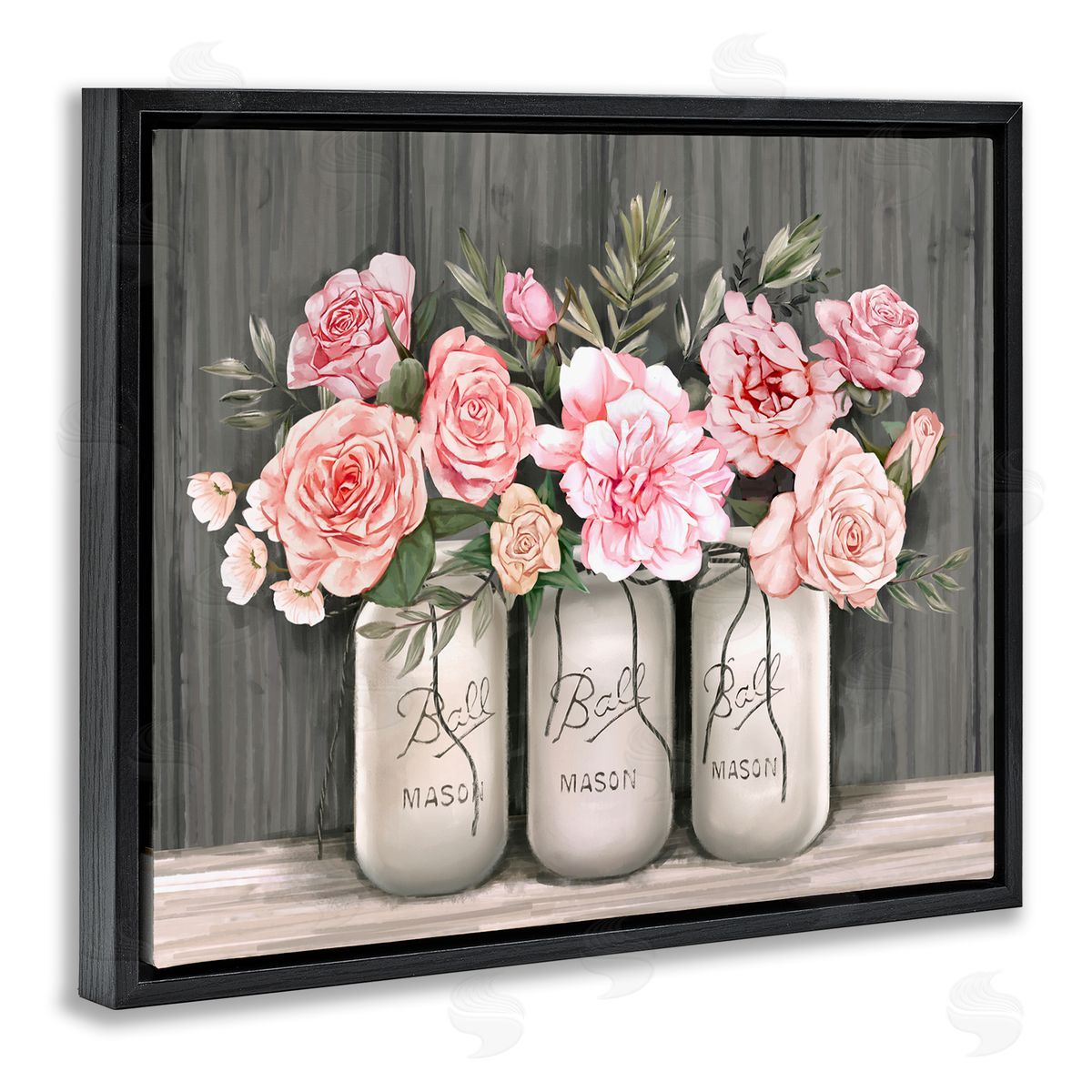 Blossoming Pink Rose Bouquets Black Floating Frame Canvas Wall Art, Home Decor by Ziwei Li