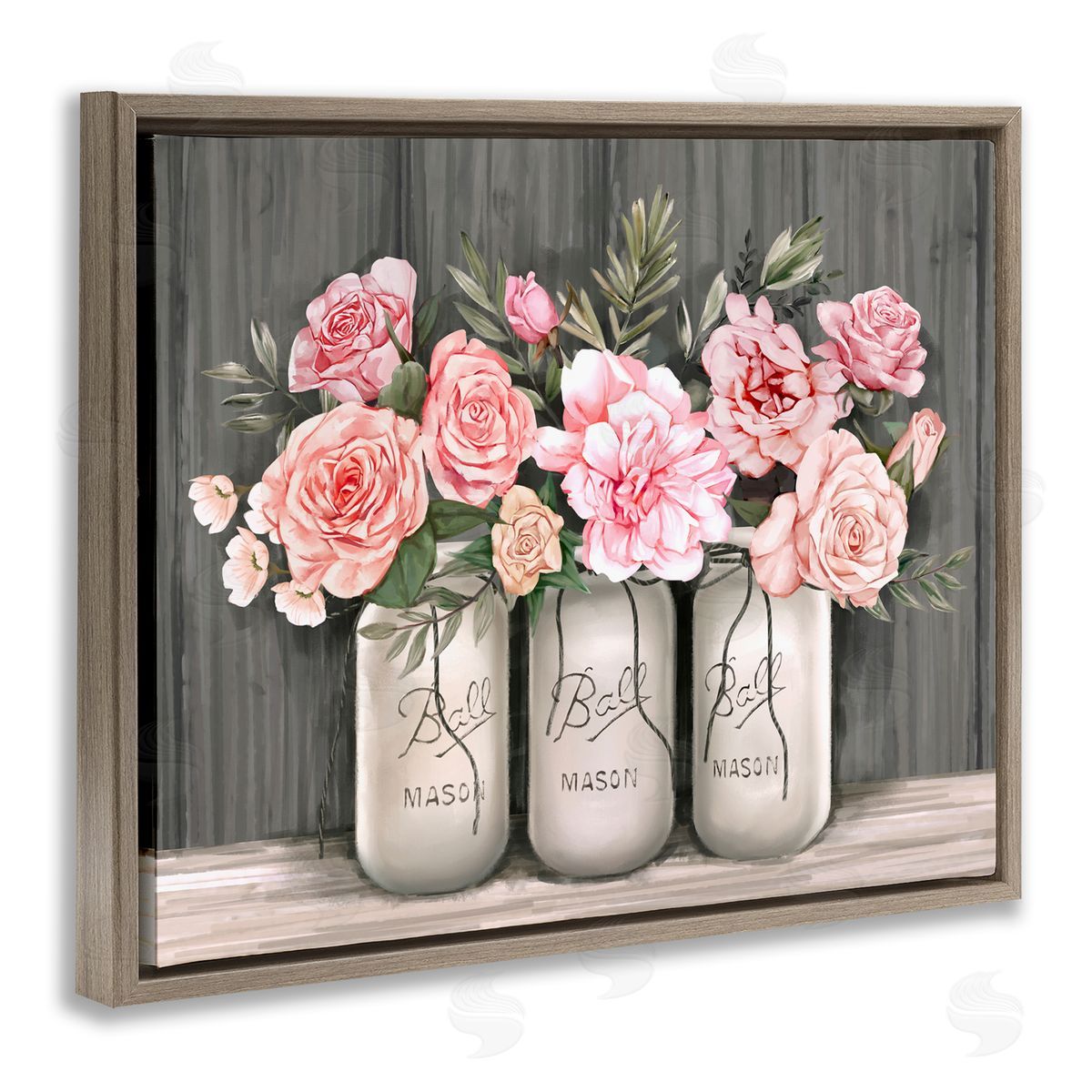 Blossoming Pink Rose Bouquets Brown Floating Frame Canvas Wall Art, Home Decor by Ziwei Li