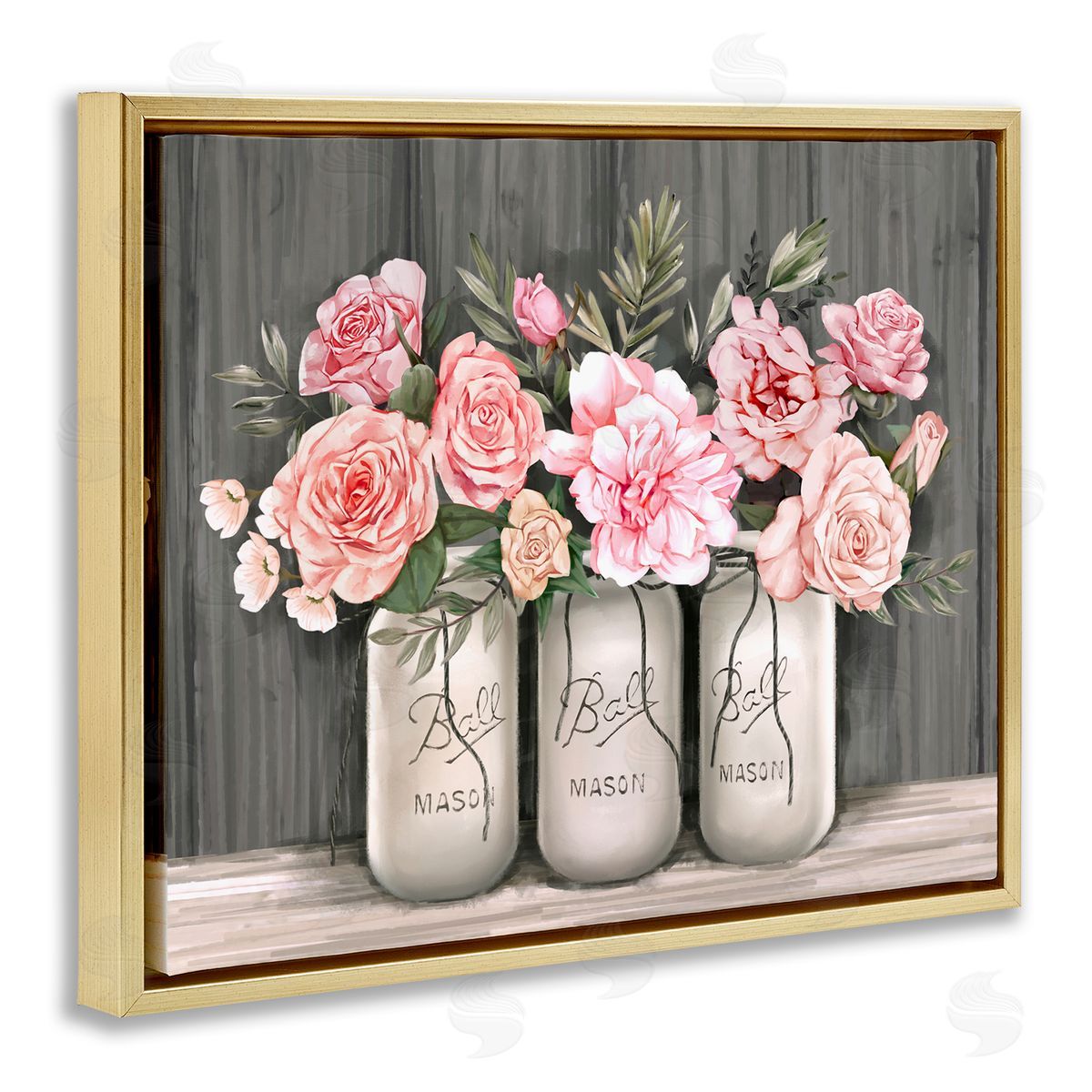 Blossoming Pink Rose Bouquets Gold Floating Frame Canvas Wall Art, Home Decor by Ziwei Li