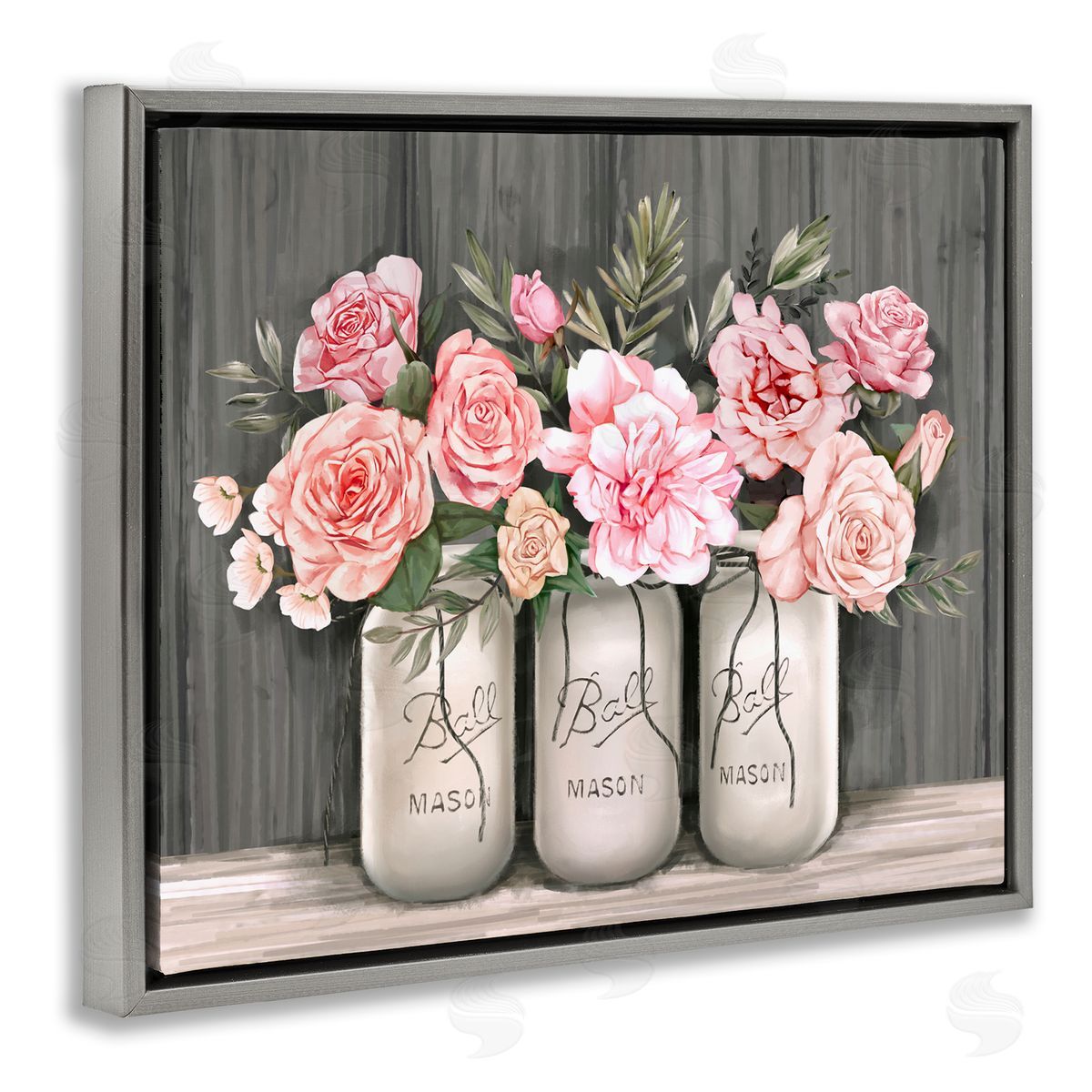 Blossoming Pink Rose Bouquets Grey Floating Frame Canvas Wall Art, Home Decor by Ziwei Li