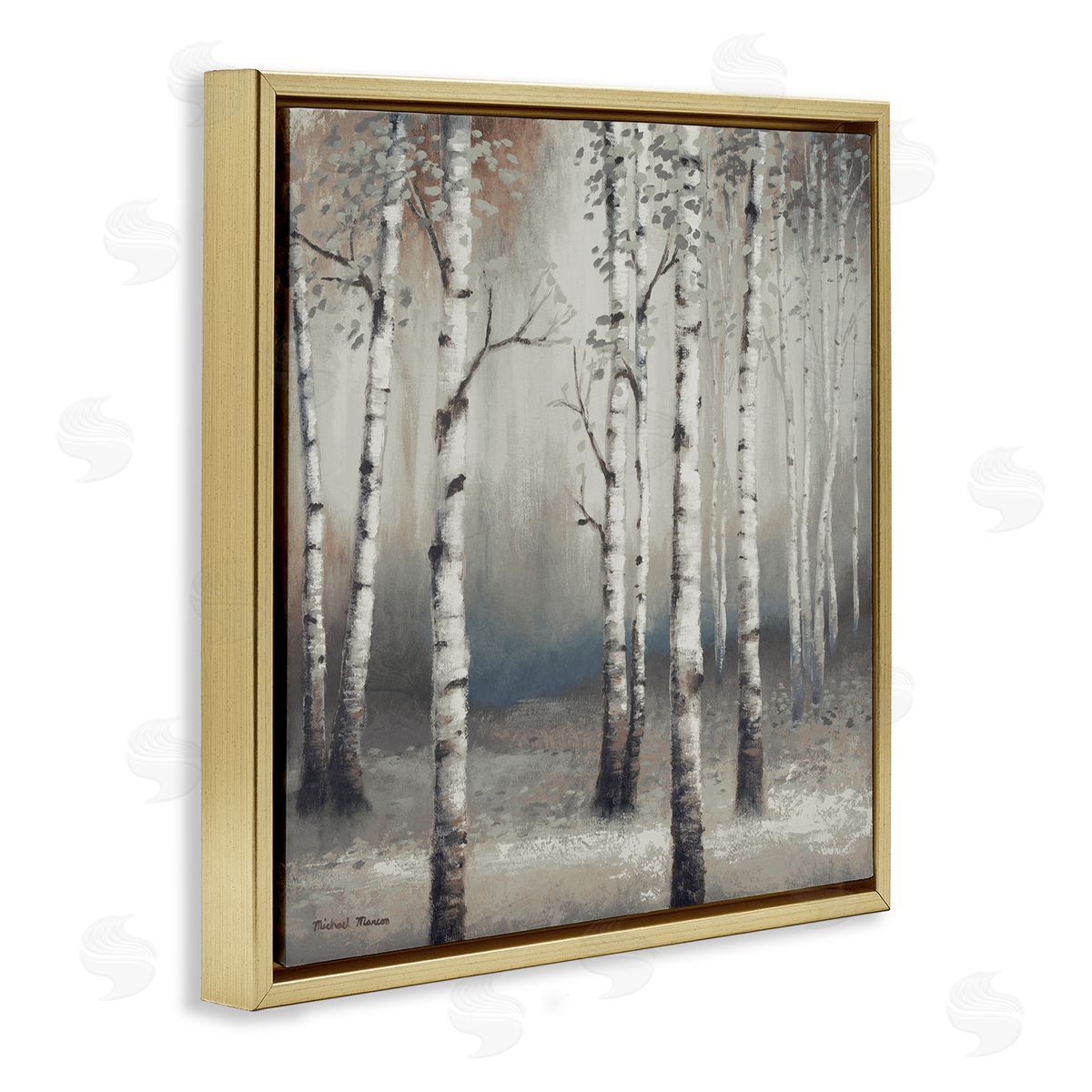 Birch Trees with Misty Haze Gold Floating Frame Canvas Wall Art, Home Decor by Michael Marcon