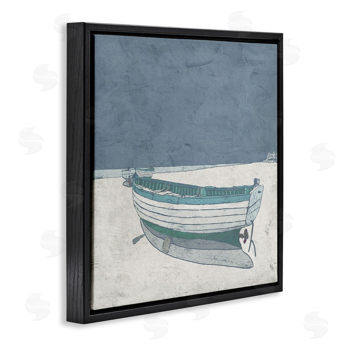 Ynon Mabat Rustic Boat on Sand Monochromatic Nautical Beach City Black Floating Frame Canvas Wall Art Print