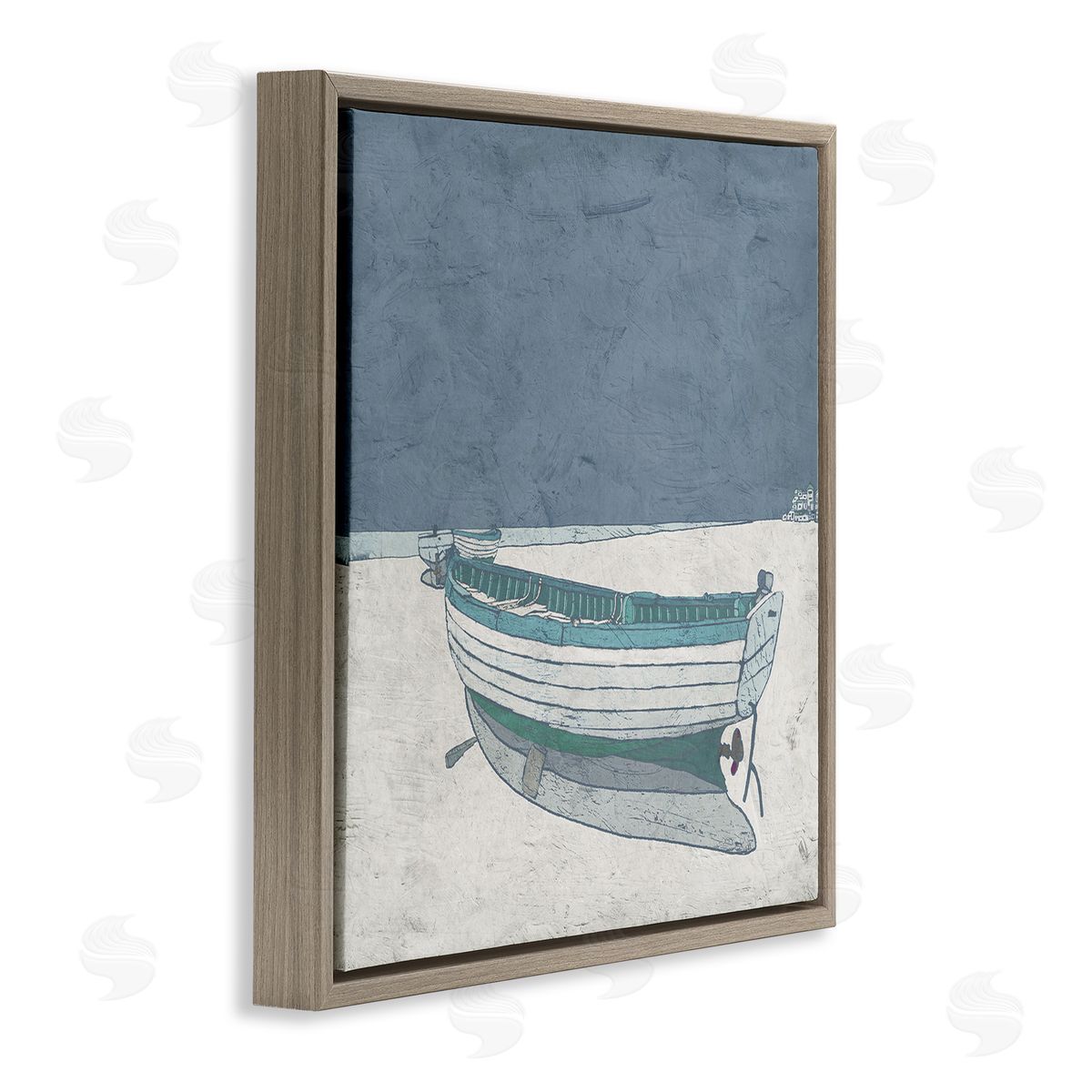 Ynon Mabat Rustic Boat on Sand Monochromatic Nautical Beach City Brown Floating Frame Canvas Wall Art Print