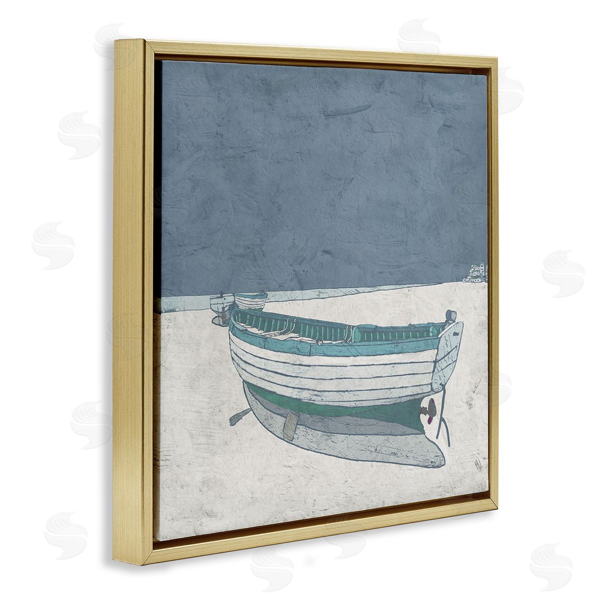 Ynon Mabat Rustic Boat on Sand Monochromatic Nautical Beach City Gold Floating Frame Canvas Wall Art Print